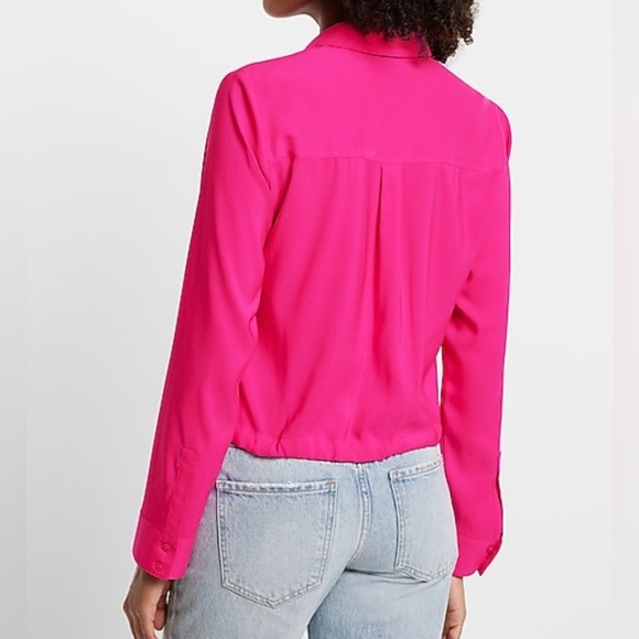 Express Hot Pink Tie-Hem Button-Down Shirt - Picture 2 of 7